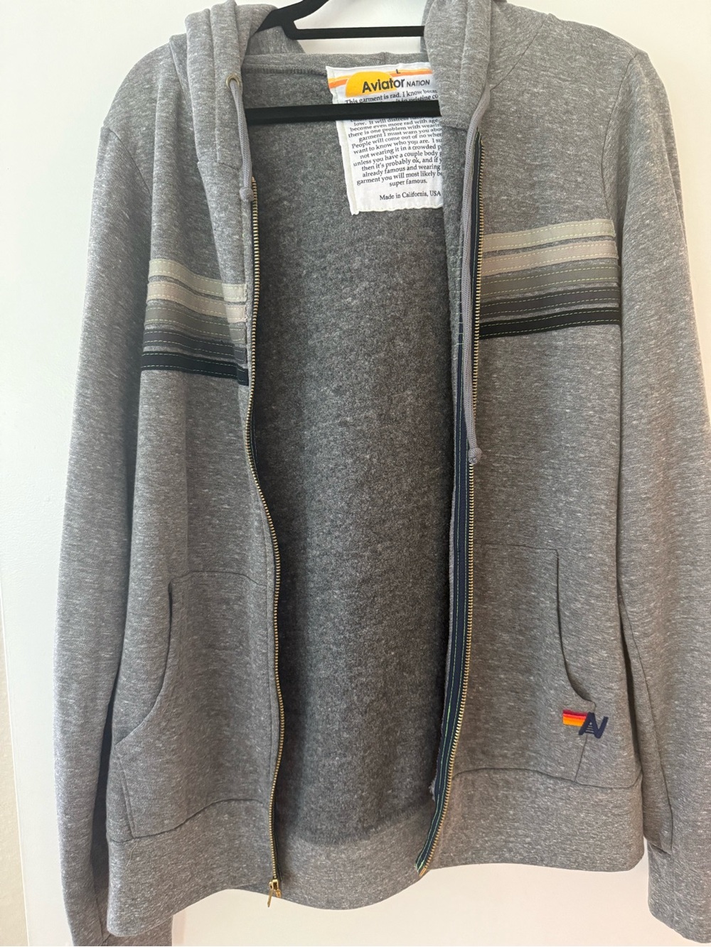 Aviator Nation Gray Zip Hoodie with Neutral Chest Stripes